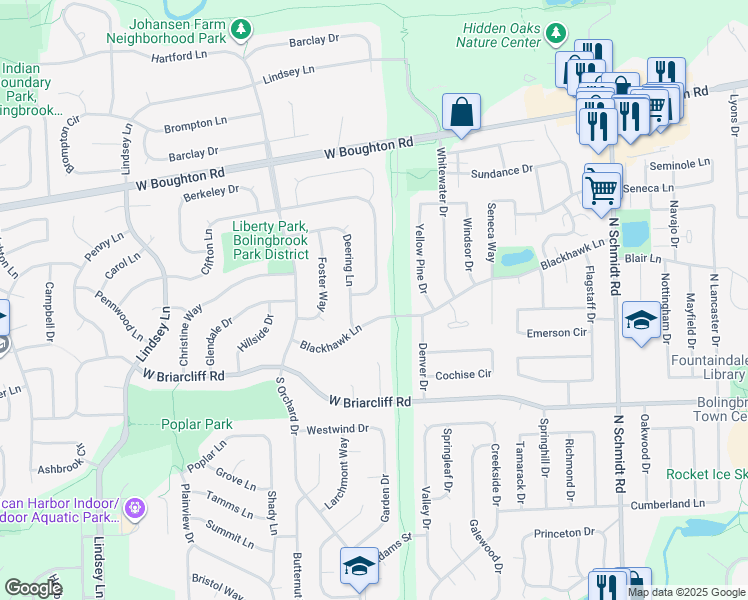 map of restaurants, bars, coffee shops, grocery stores, and more near 429 Clifton Lane in Bolingbrook