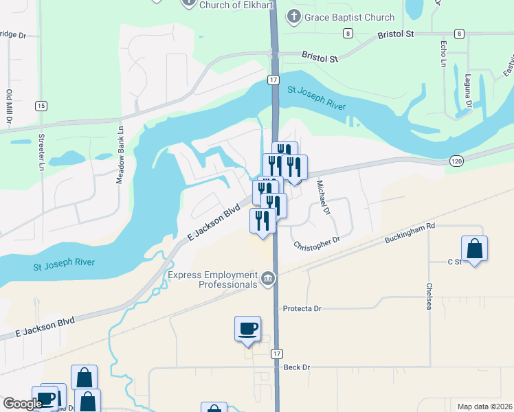 map of restaurants, bars, coffee shops, grocery stores, and more near 22050 Indiana 120 in Elkhart