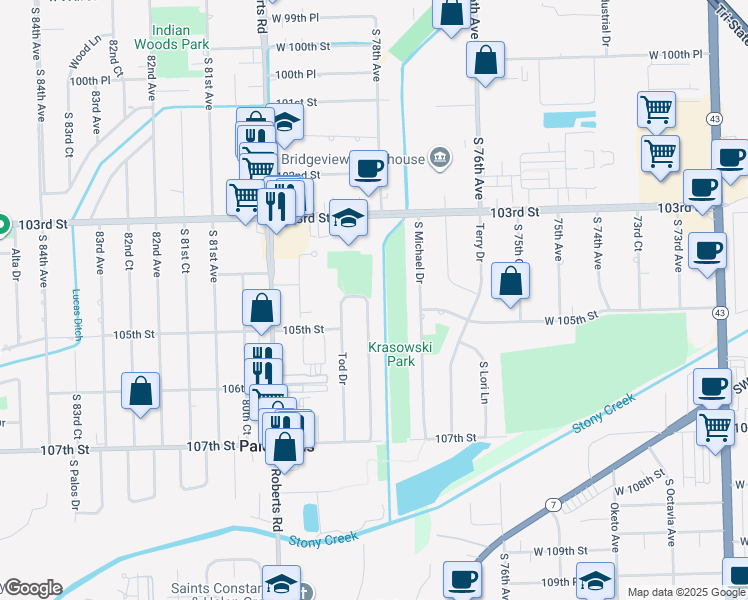 map of restaurants, bars, coffee shops, grocery stores, and more near 10427 Vicky Lane in Palos Hills