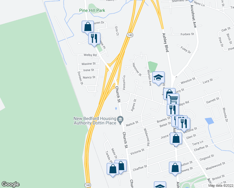 map of restaurants, bars, coffee shops, grocery stores, and more near 1251 Church Street in New Bedford