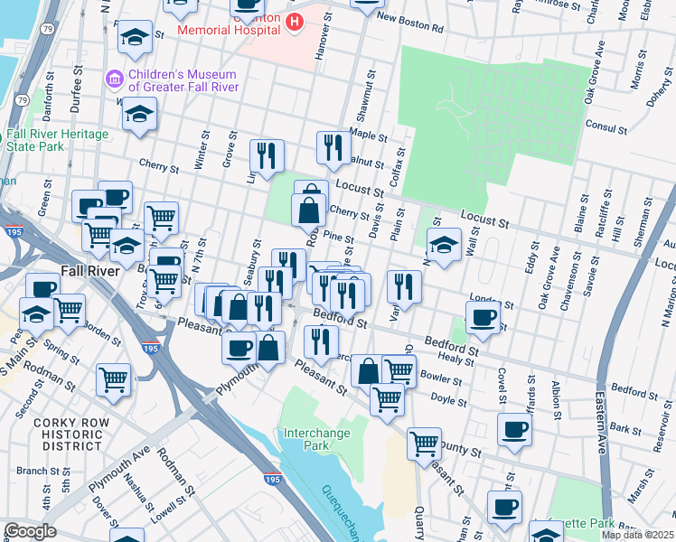 map of restaurants, bars, coffee shops, grocery stores, and more near 120 Orange Street in Fall River