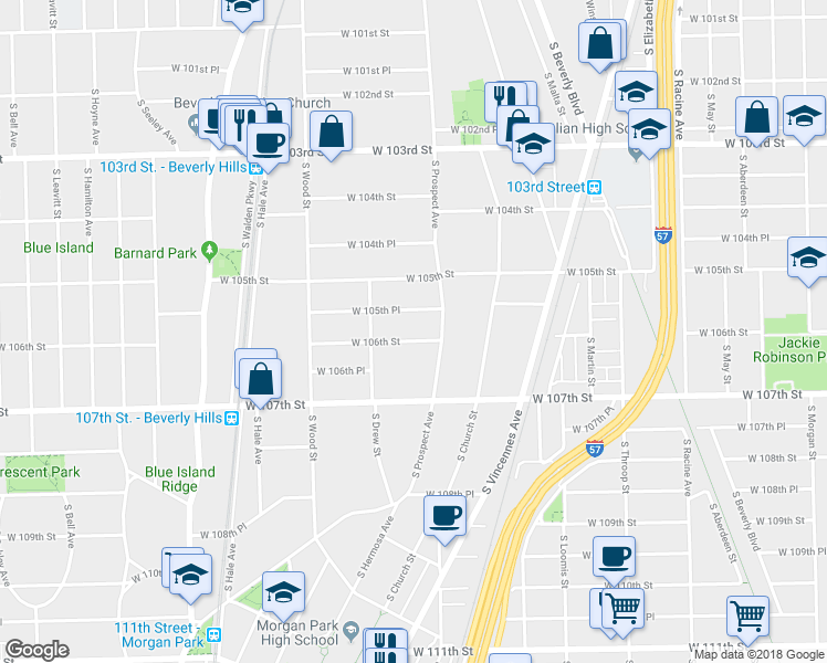 map of restaurants, bars, coffee shops, grocery stores, and more near 1624 West 106th Street in Chicago