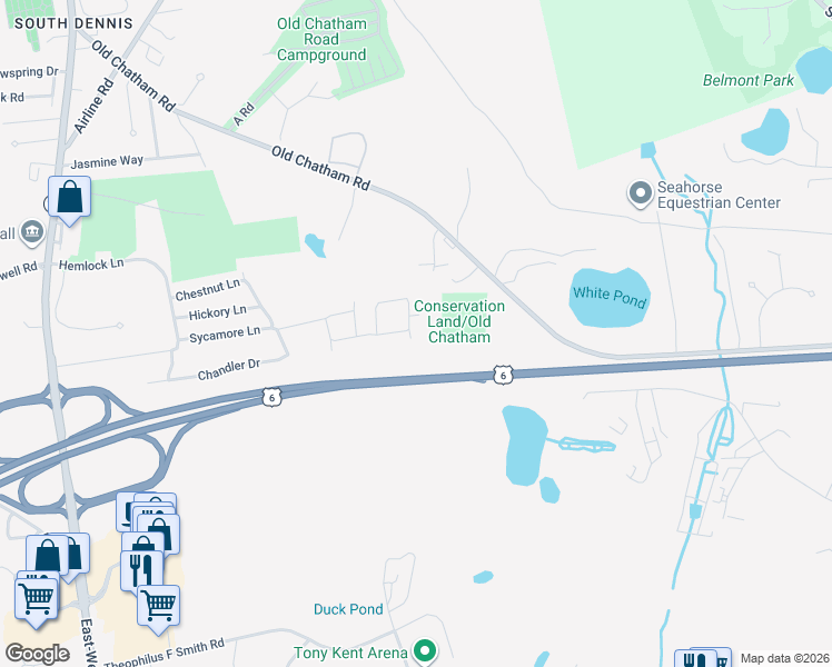 map of restaurants, bars, coffee shops, grocery stores, and more near 39 Cyprus Road in Dennis