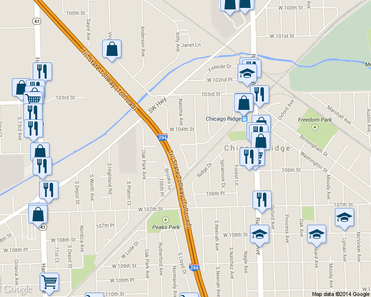 map of restaurants, bars, coffee shops, grocery stores, and more near 10425 Ridgeland Avenue in Chicago Ridge