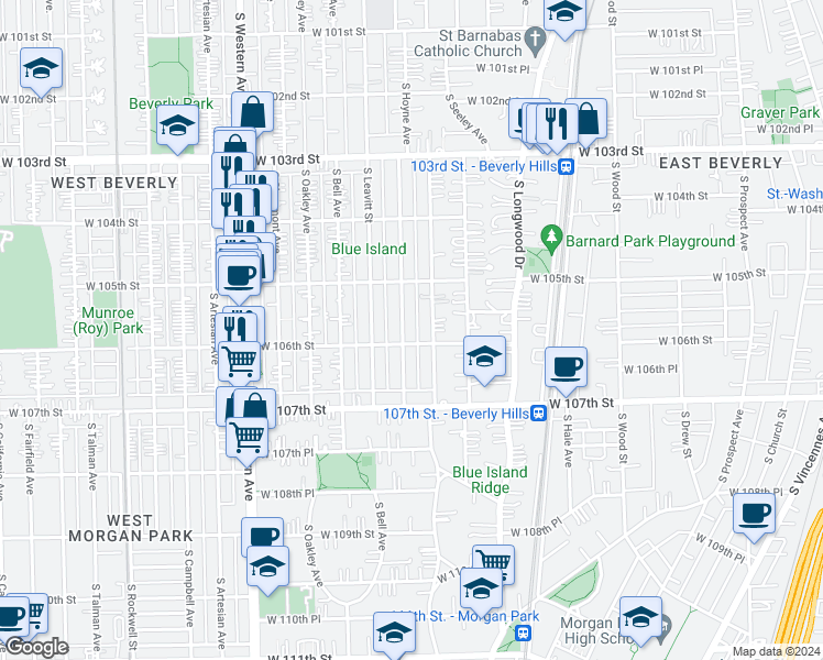 map of restaurants, bars, coffee shops, grocery stores, and more near 10547 South Hamilton Avenue in Chicago