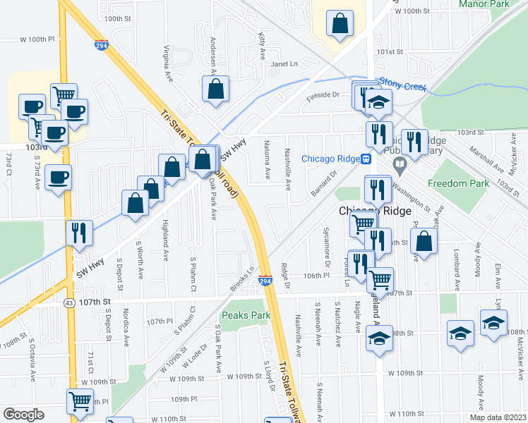 map of restaurants, bars, coffee shops, grocery stores, and more near 10428 Natoma Avenue in Chicago Ridge