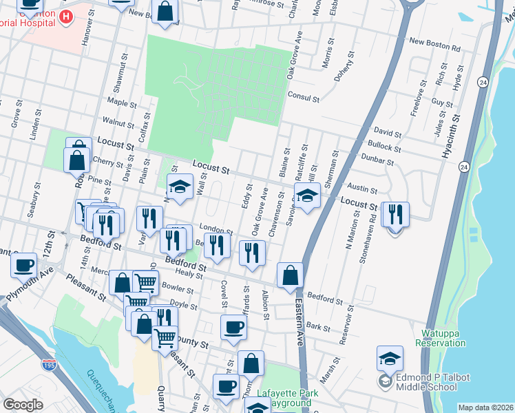 map of restaurants, bars, coffee shops, grocery stores, and more near 238 Oak Grove Avenue in Fall River
