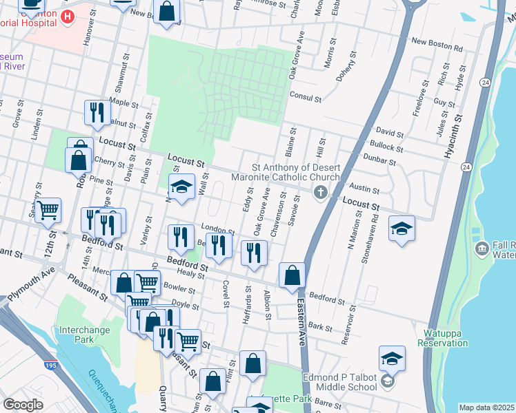 map of restaurants, bars, coffee shops, grocery stores, and more near 291 Oak Grove Avenue in Fall River