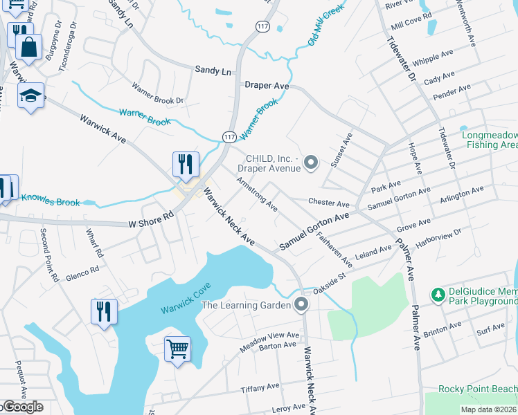 map of restaurants, bars, coffee shops, grocery stores, and more near 191 Armstrong Avenue in Warwick