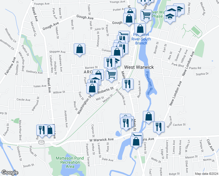 map of restaurants, bars, coffee shops, grocery stores, and more near 28 Roosevelt Street in West Warwick