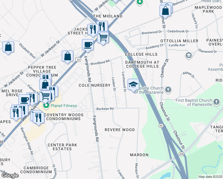 map of restaurants, bars, coffee shops, grocery stores, and more near 151 Linden Drive in Painesville