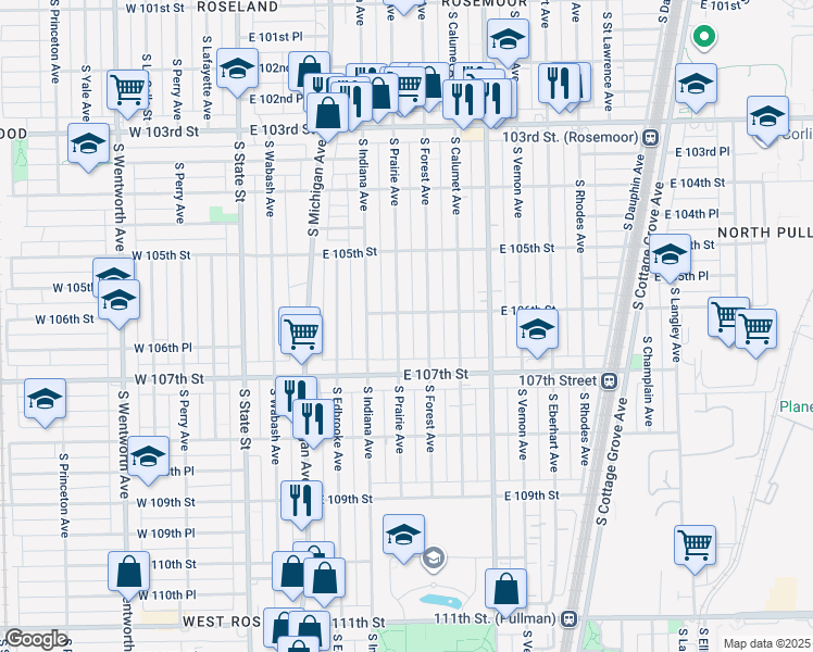 map of restaurants, bars, coffee shops, grocery stores, and more near 10604 South Forest Avenue in Chicago