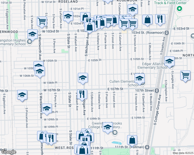 map of restaurants, bars, coffee shops, grocery stores, and more near 10609 South Edbrooke Avenue in Chicago