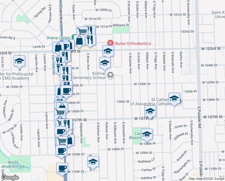 map of restaurants, bars, coffee shops, grocery stores, and more near 10513 Kolmar Avenue in Oak Lawn