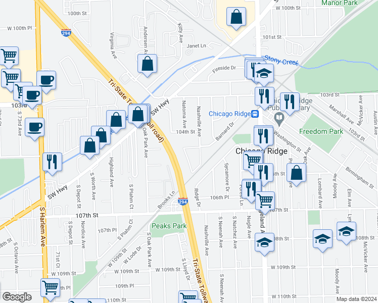 map of restaurants, bars, coffee shops, grocery stores, and more near 10428 Natoma Avenue in Chicago Ridge