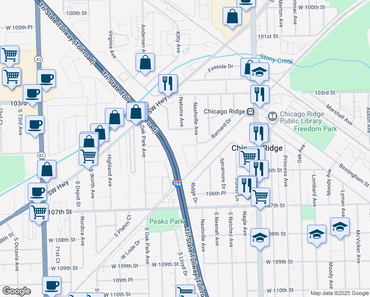 map of restaurants, bars, coffee shops, grocery stores, and more near 10428 Natoma Avenue in Chicago Ridge