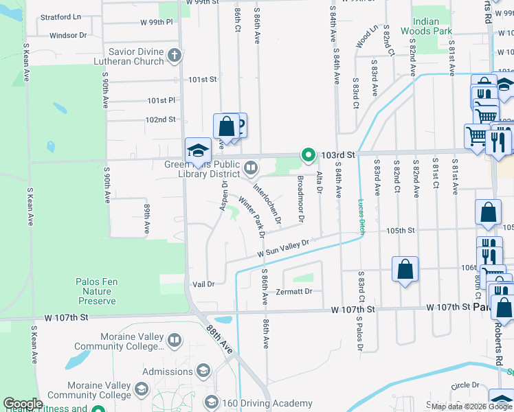 map of restaurants, bars, coffee shops, grocery stores, and more near 10413 Winter Park Drive in Palos Hills