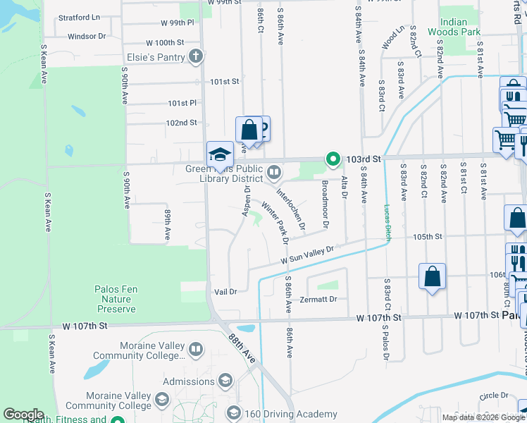 map of restaurants, bars, coffee shops, grocery stores, and more near 10413 Winter Park Drive in Palos Hills