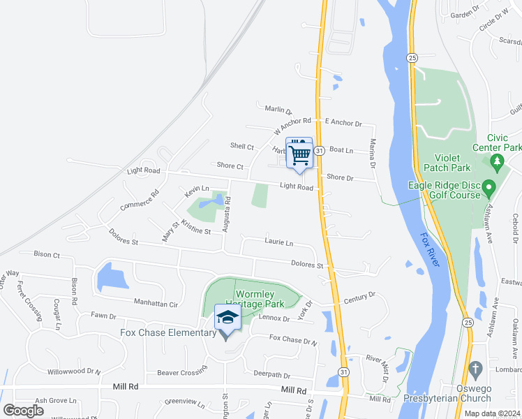map of restaurants, bars, coffee shops, grocery stores, and more near 2800 Light Road in Oswego