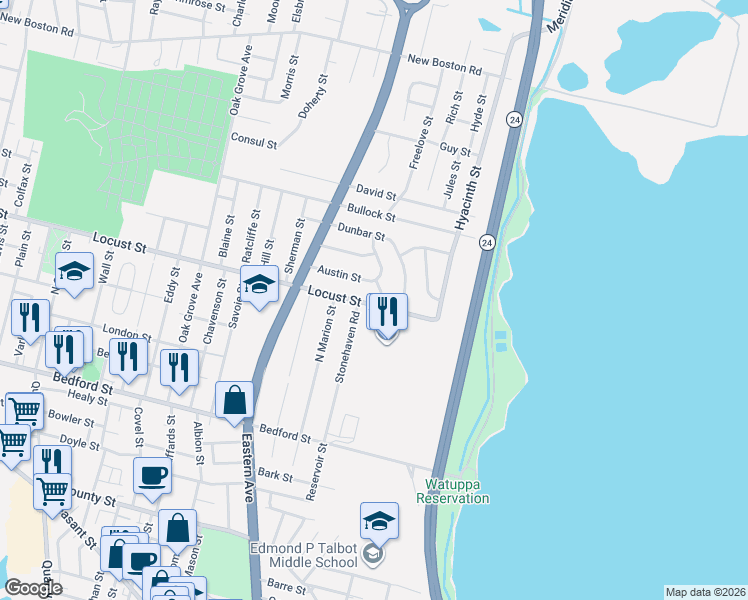 map of restaurants, bars, coffee shops, grocery stores, and more near 10 Fenmore Street in Fall River