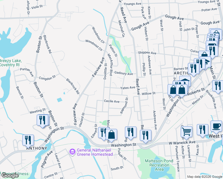 map of restaurants, bars, coffee shops, grocery stores, and more near 5 Yates Avenue in Coventry