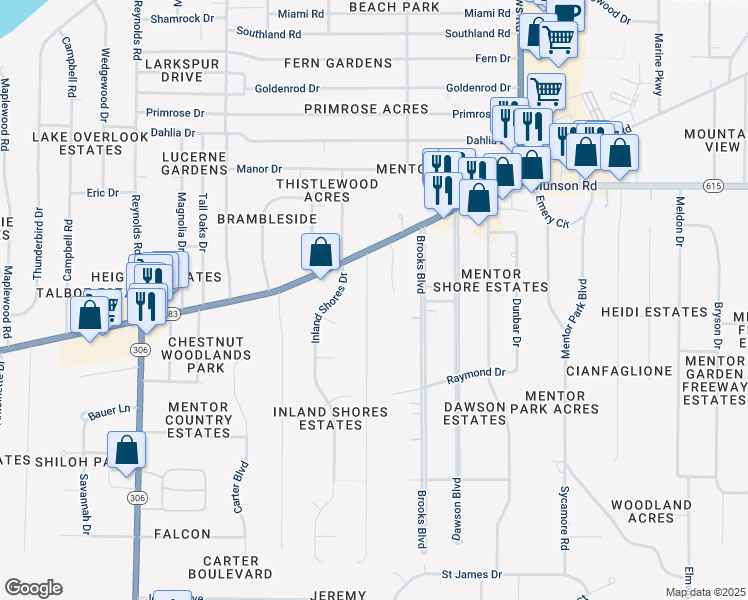 map of restaurants, bars, coffee shops, grocery stores, and more near 6249 Chase Drive in Mentor