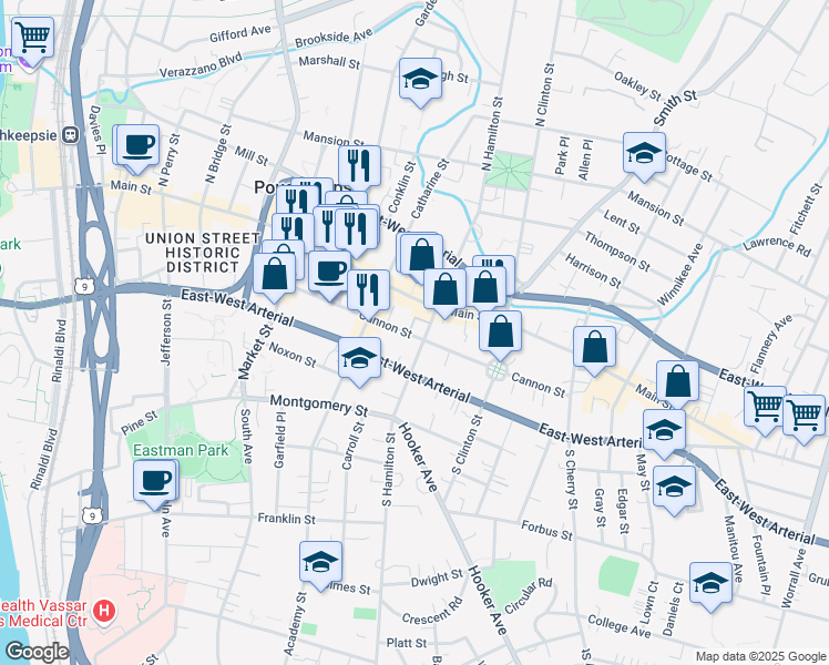 map of restaurants, bars, coffee shops, grocery stores, and more near 107 Cannon Street in Poughkeepsie