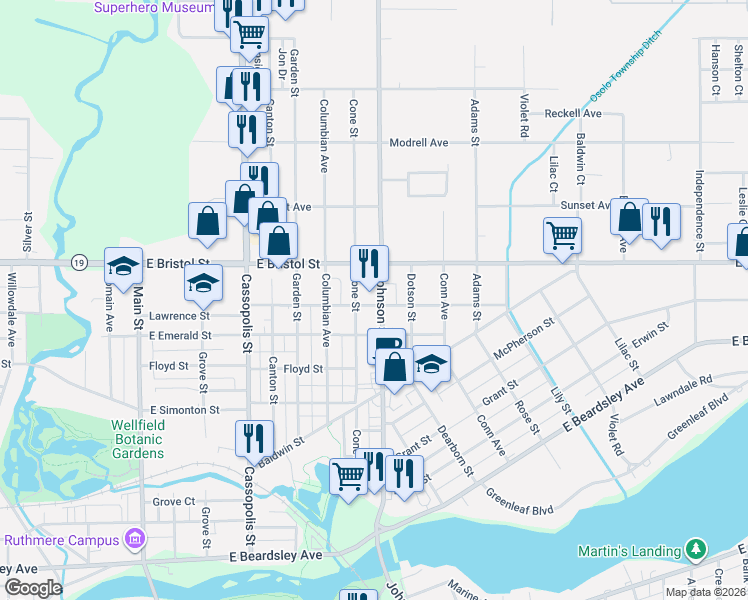 map of restaurants, bars, coffee shops, grocery stores, and more near 1401 Johnson St in Elkhart