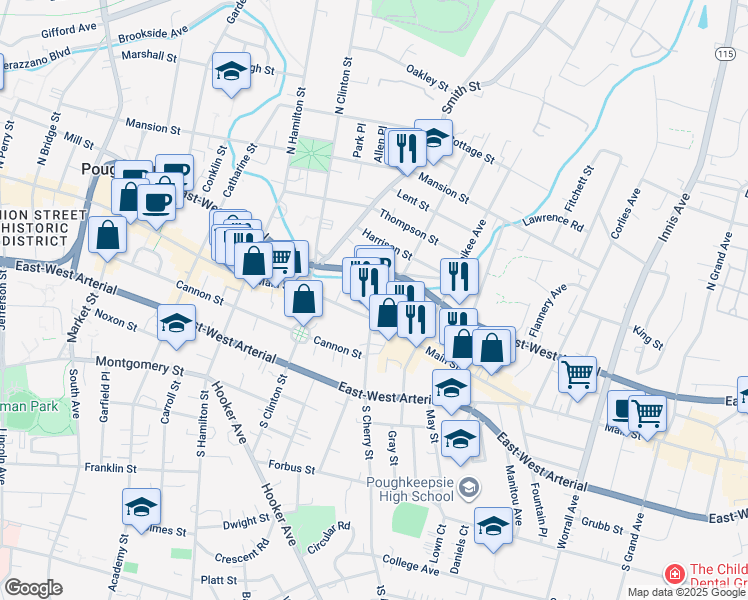 map of restaurants, bars, coffee shops, grocery stores, and more near 6 North Cherry Street in Poughkeepsie