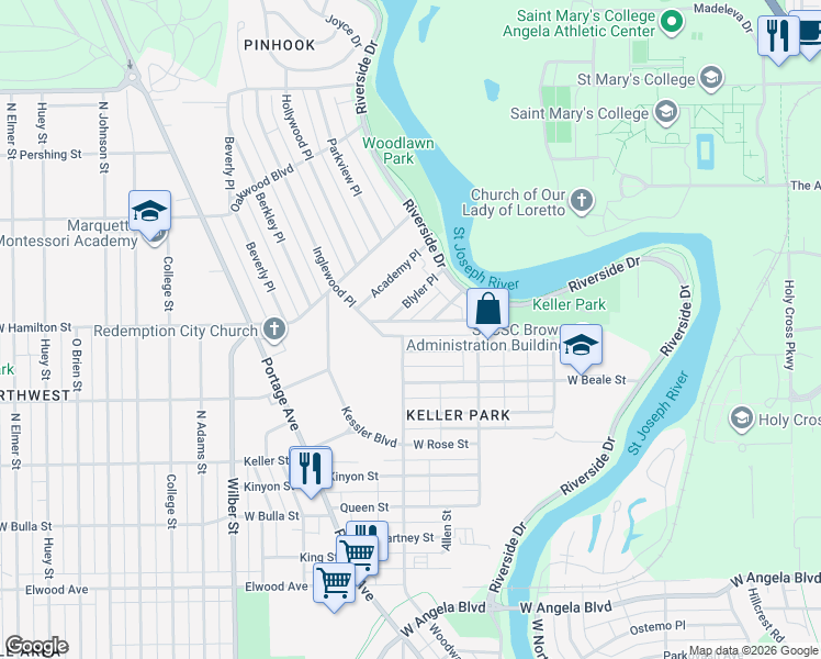 map of restaurants, bars, coffee shops, grocery stores, and more near 1046 Culver Place in South Bend