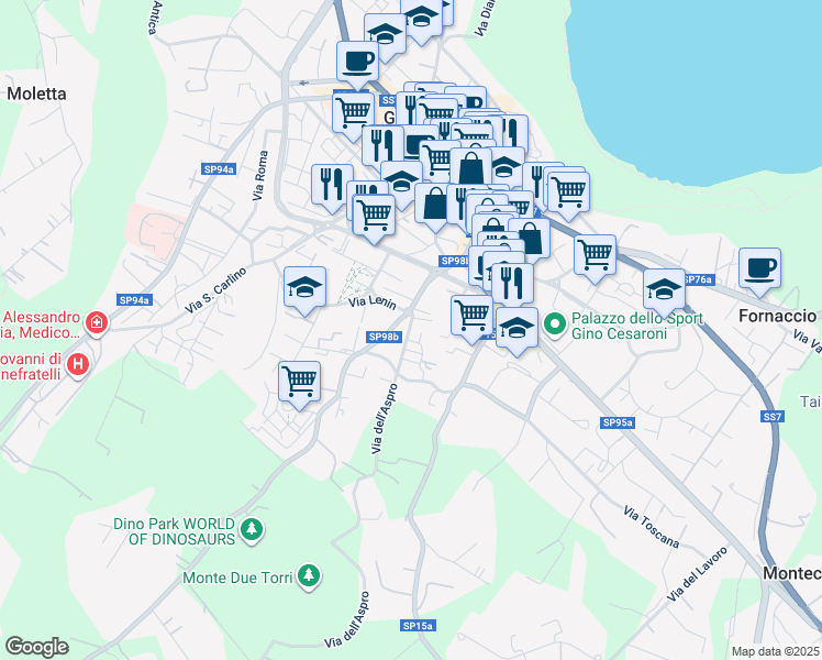 map of restaurants, bars, coffee shops, grocery stores, and more near 9 Via dell'Aspro in Genzano di Roma