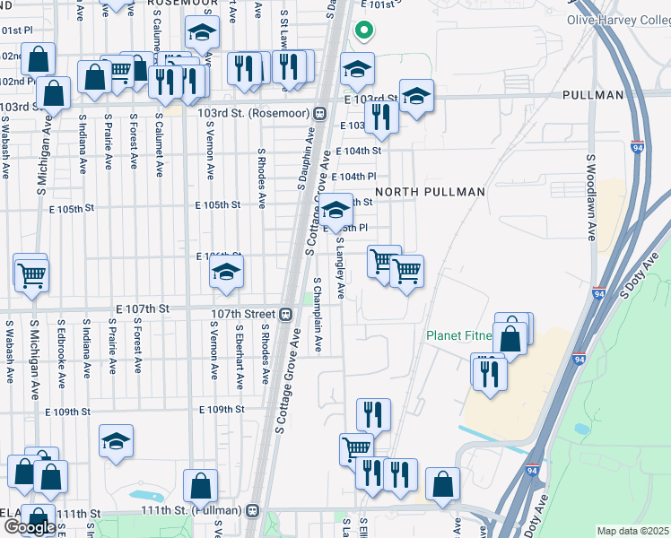 map of restaurants, bars, coffee shops, grocery stores, and more near 10616 South Langley Avenue in Chicago