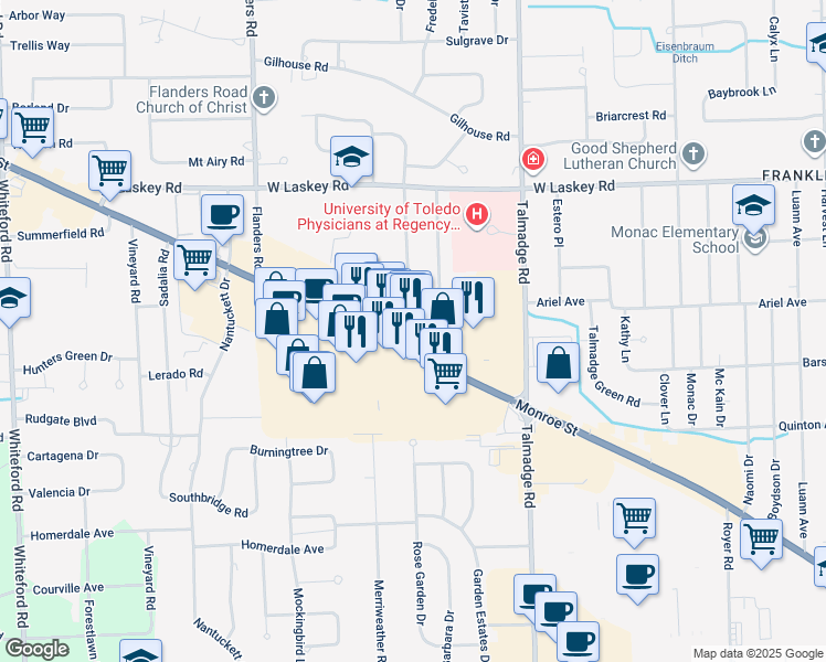 map of restaurants, bars, coffee shops, grocery stores, and more near 5200 Monroe Street in Toledo