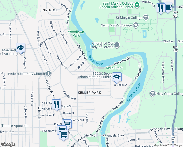 map of restaurants, bars, coffee shops, grocery stores, and more near 1006 Culver Place in South Bend