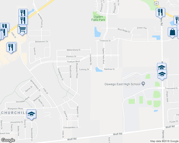 map of restaurants, bars, coffee shops, grocery stores, and more near 300 Furlong Street in Oswego