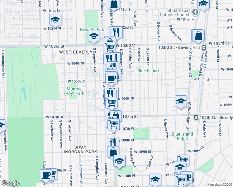 map of restaurants, bars, coffee shops, grocery stores, and more near 10543 South Western Avenue in Chicago