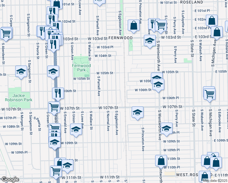 map of restaurants, bars, coffee shops, grocery stores, and more near 10600 South Eggleston Avenue in Chicago