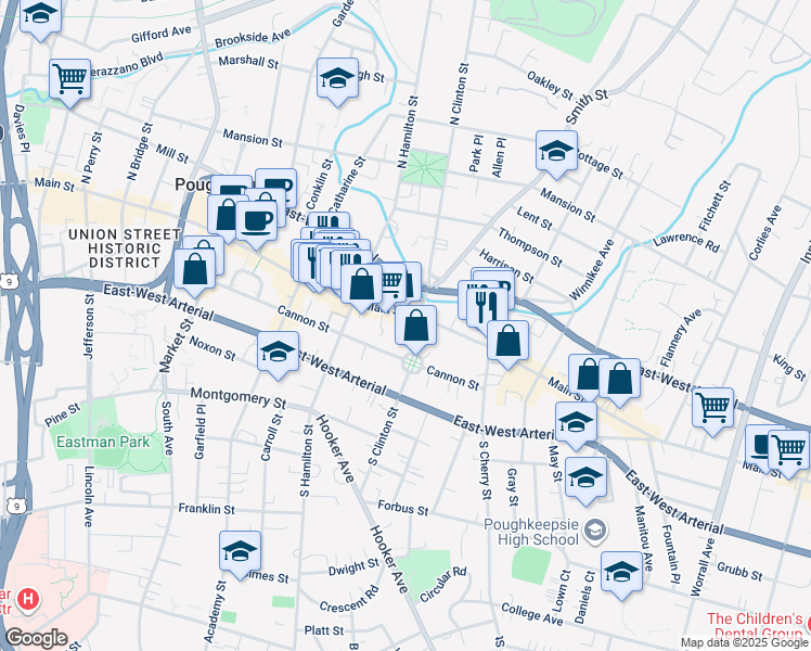 map of restaurants, bars, coffee shops, grocery stores, and more near 454-456 Main Street in Poughkeepsie