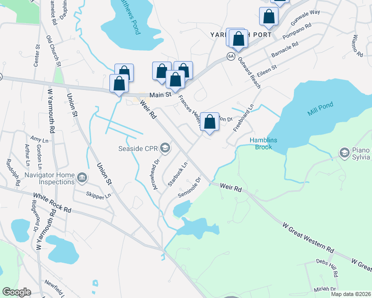 map of restaurants, bars, coffee shops, grocery stores, and more near 3 Cobb Avenue in Yarmouth