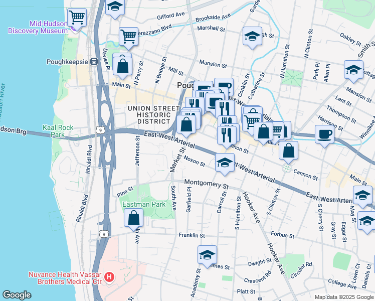 map of restaurants, bars, coffee shops, grocery stores, and more near 75 Market Street in Poughkeepsie