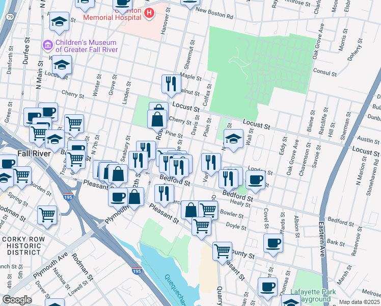 map of restaurants, bars, coffee shops, grocery stores, and more near 133 Davis Street in Fall River