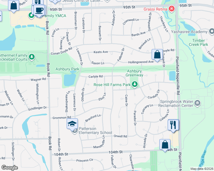 map of restaurants, bars, coffee shops, grocery stores, and more near 3520 Eliot Lane in Naperville