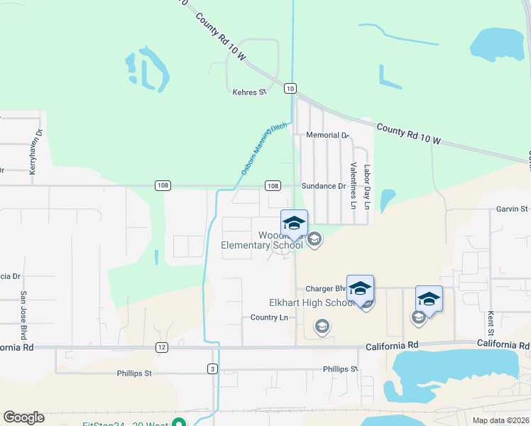 map of restaurants, bars, coffee shops, grocery stores, and more near 2830 Mallow Street in Elkhart