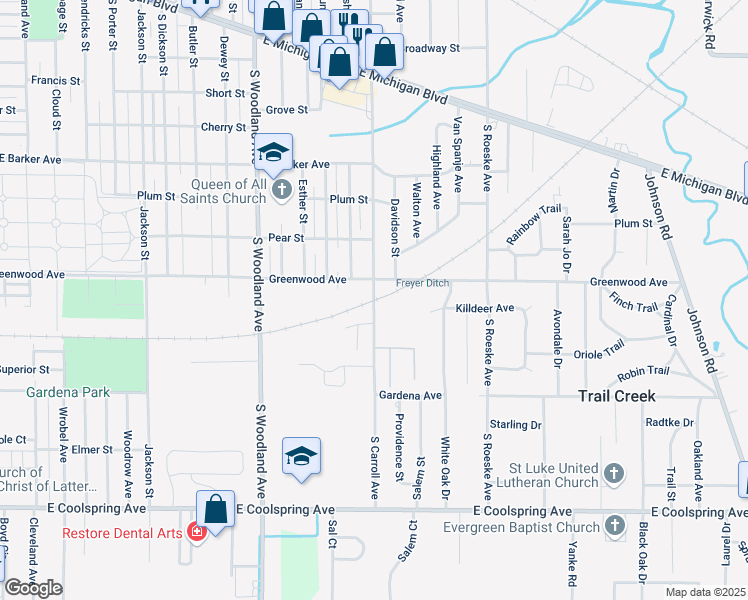 map of restaurants, bars, coffee shops, grocery stores, and more near 859 South Carroll Avenue in Michigan City