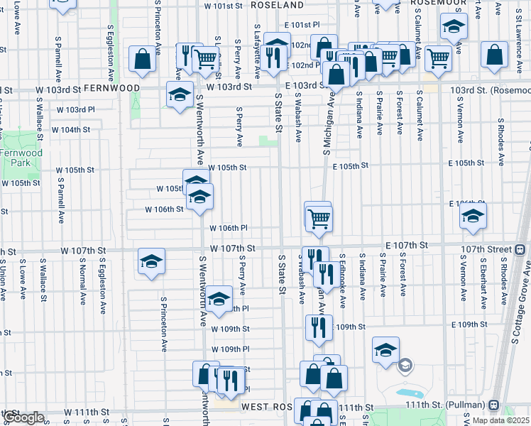 map of restaurants, bars, coffee shops, grocery stores, and more near 10605 South Lafayette Avenue in Chicago