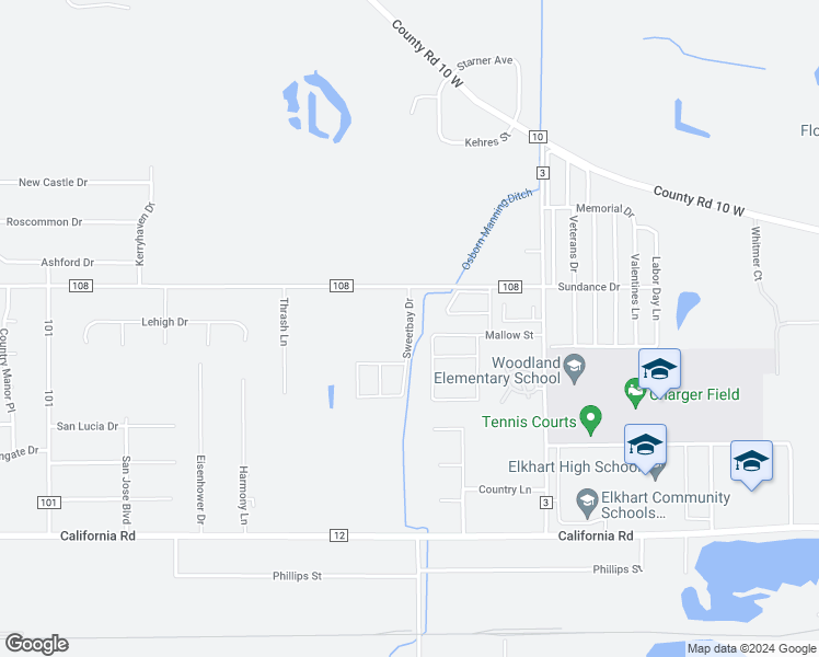 map of restaurants, bars, coffee shops, grocery stores, and more near Sweetbay Drive in Elkhart