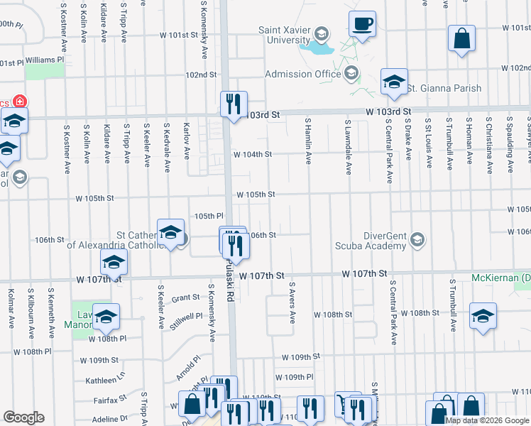map of restaurants, bars, coffee shops, grocery stores, and more near 10526 South Springfield Avenue in Chicago