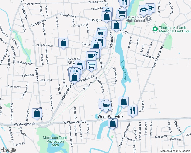 map of restaurants, bars, coffee shops, grocery stores, and more near 92 Brookside Avenue in West Warwick