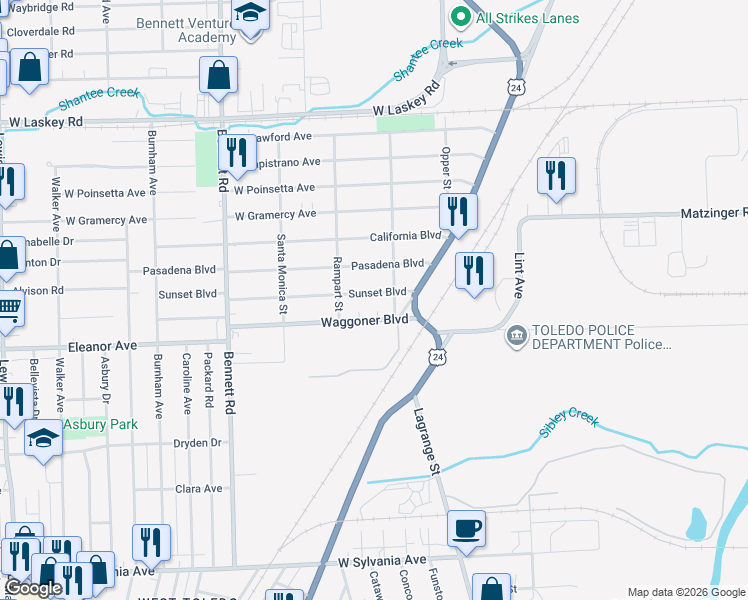 map of restaurants, bars, coffee shops, grocery stores, and more near 123 Sunset Boulevard in Toledo
