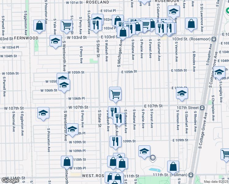 map of restaurants, bars, coffee shops, grocery stores, and more near 10604 South Michigan Avenue in Chicago